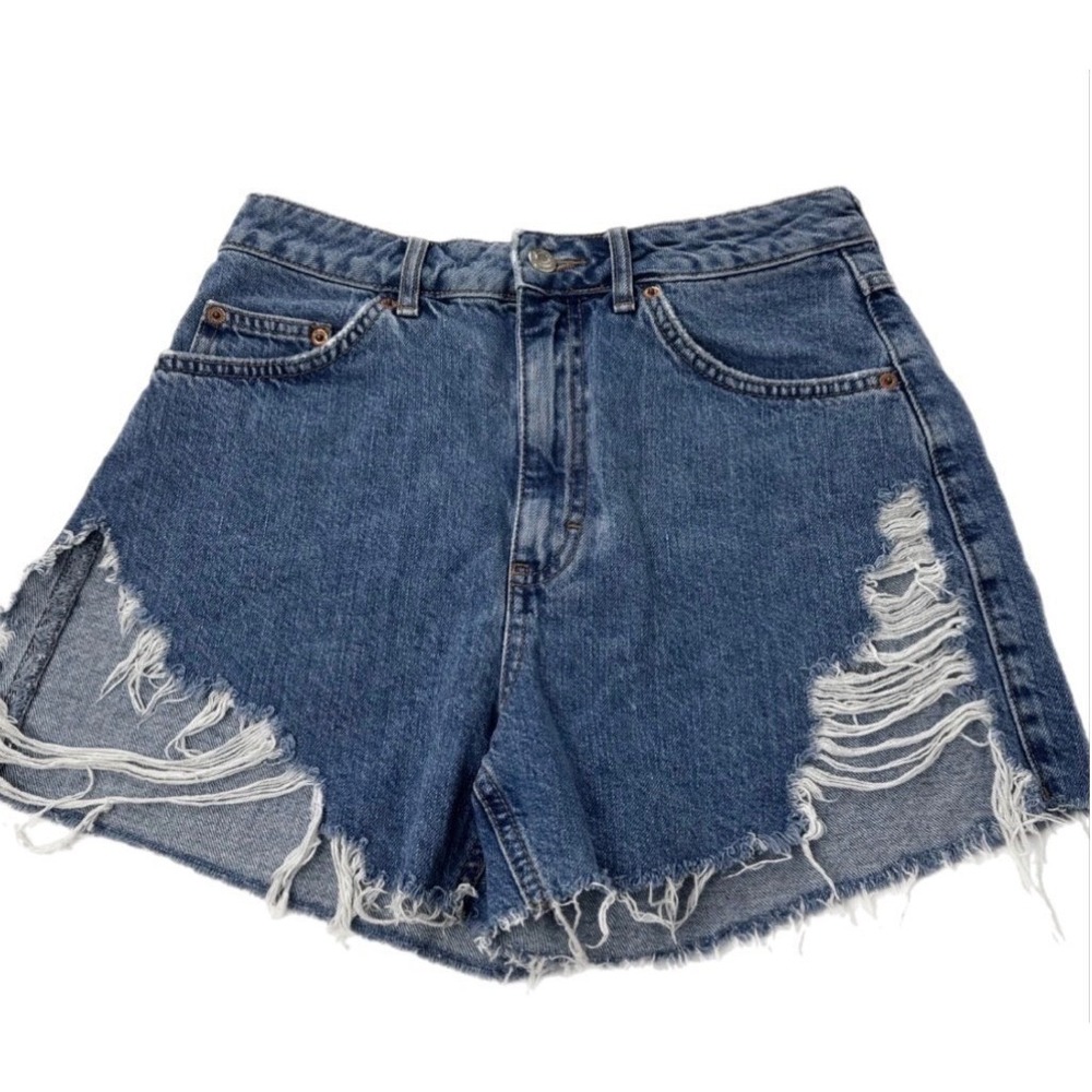 Topshop Denim Shorts Women US 6 Blue Distressed High Waisted Raw Hem Jean Shorts
